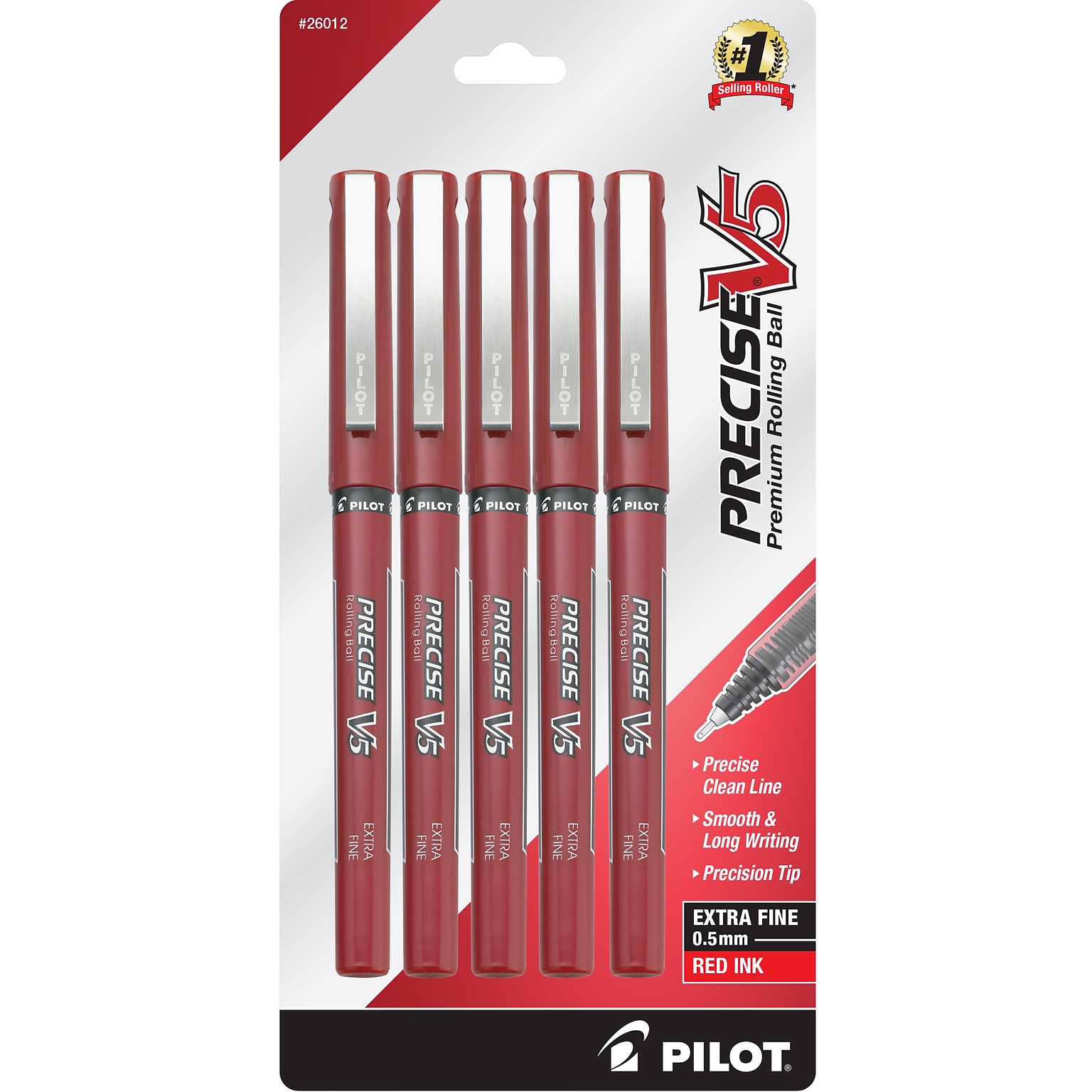 Pilot Precise V5 Rollerball Pens, Extra Fine Point, Red Ink, 5/Pack (26012)