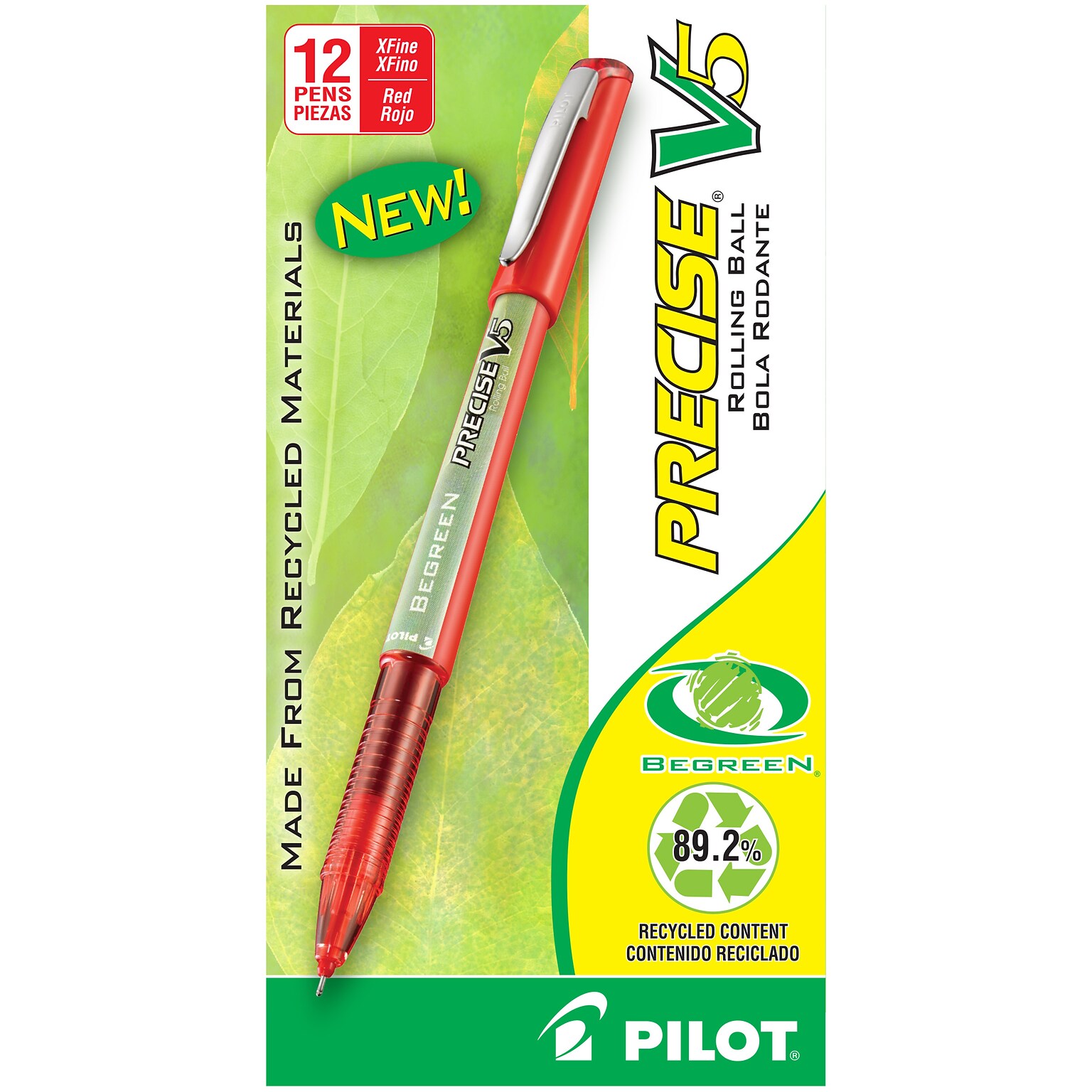 Pilot Precise V5 BeGreen Rollerball Pens, Extra Fine Point, Red Ink, Dozen (26302)