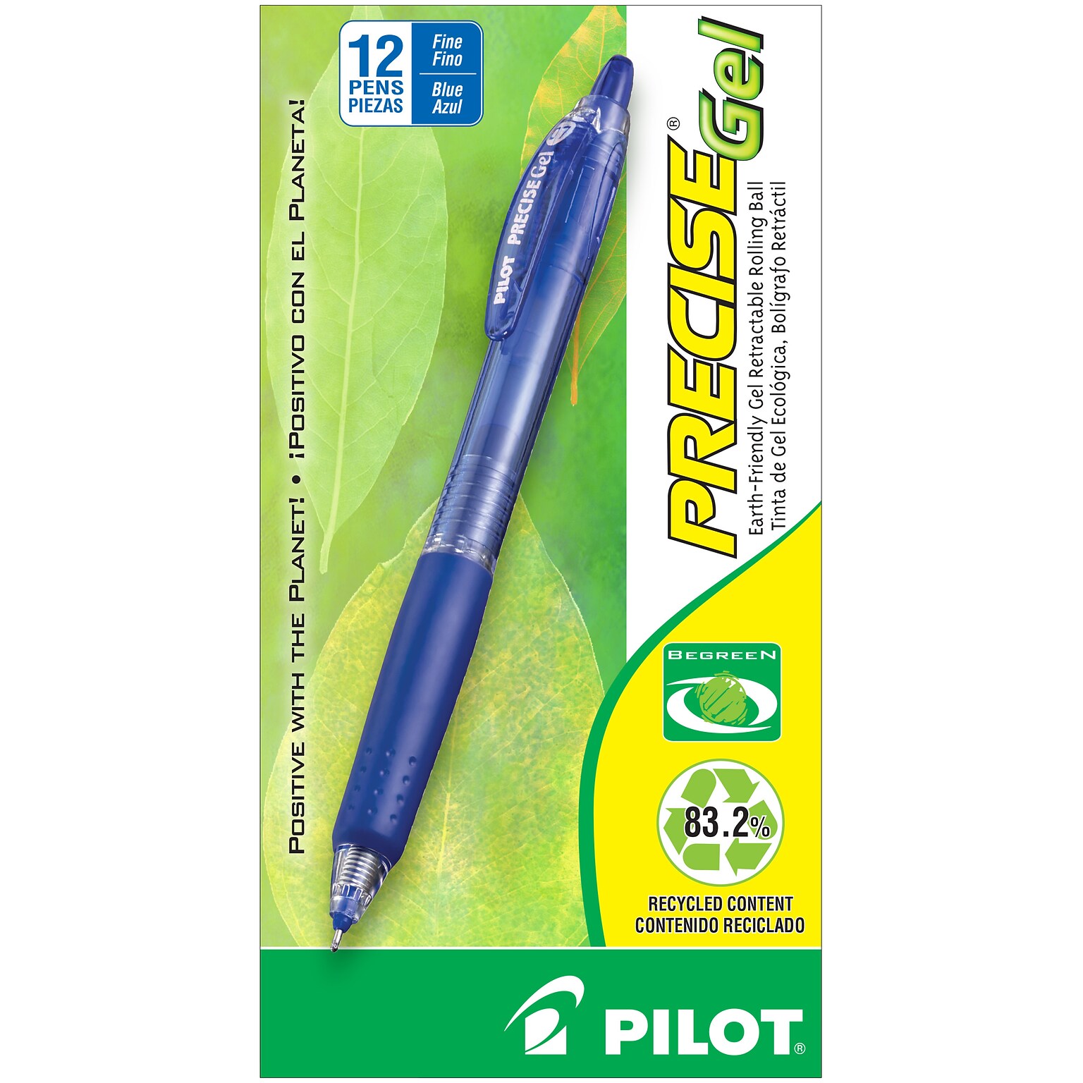 Pilot Precise Gel BeGreen Retractable Gel Pens, Fine Point, Blue Ink, Dozen (15002)