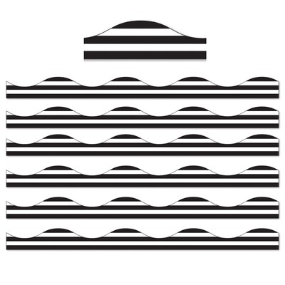 Ashley Productions Magnetic Scalloped Border, 1" x 72', Black Horizontal Stripes on White (ASH11429-6)