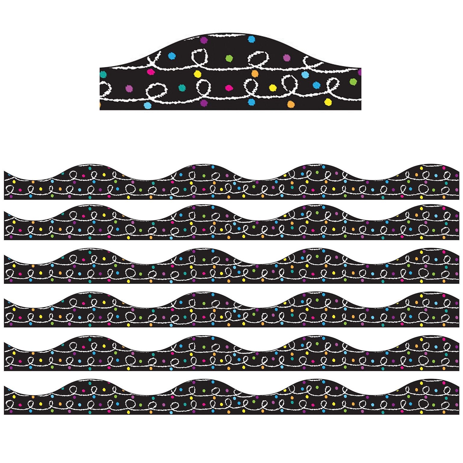 Ashley Productions Magnetic Scalloped Border, 1 x 72, White Chalk Loops with Color Chalk Dots on Black (ASH11430-6)