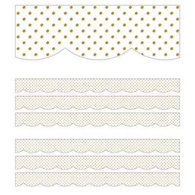 Schoolgirl Style Simply Boho Scalloped Border, 3" x 234', White with Gold Dots (CD-108428-6)