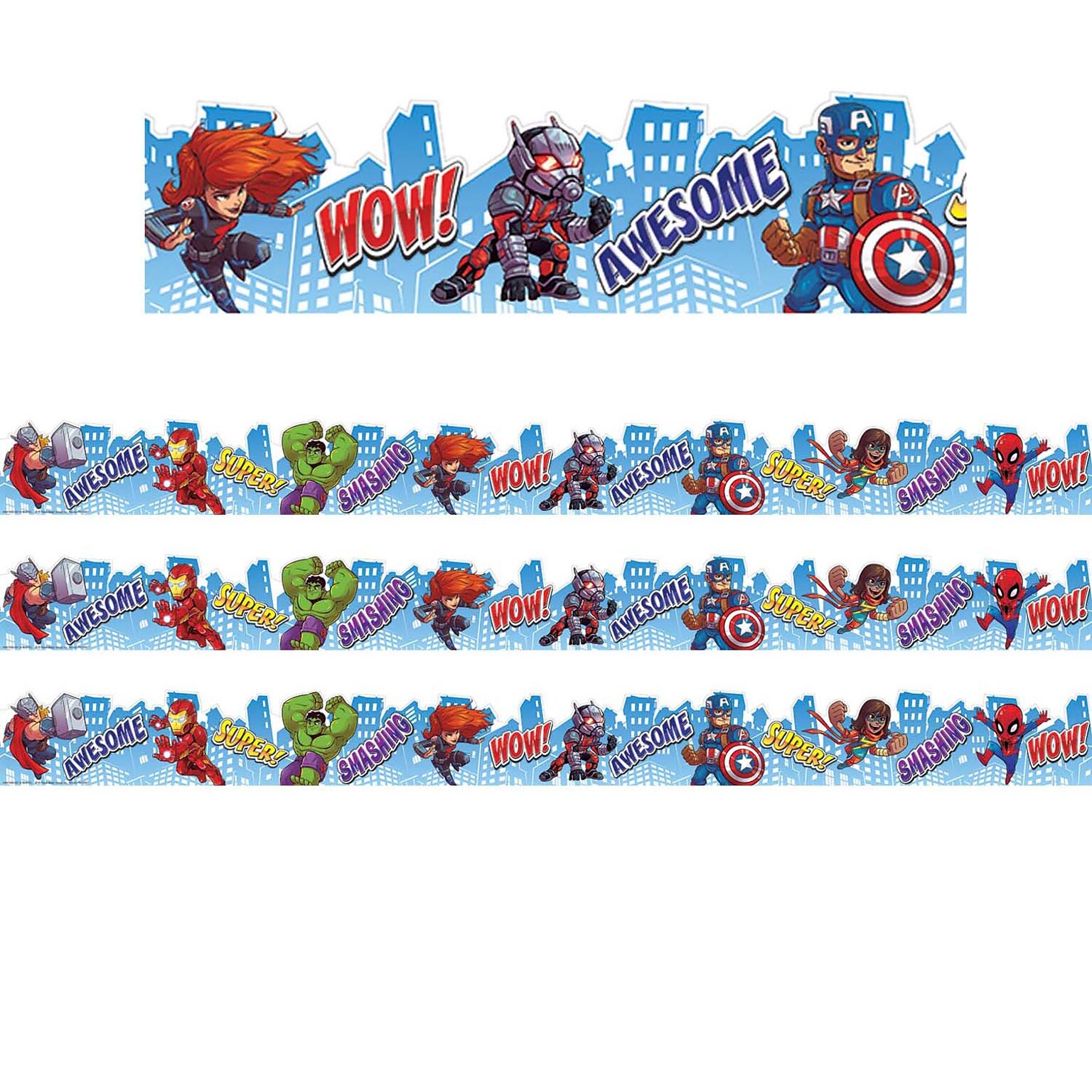 Eureka Marvel Super Hero Adventure City Scape Deco Trim® Extra Wide Die Cut, 37 Feet Per Pack, 3 Packs (EU-845162-3)
