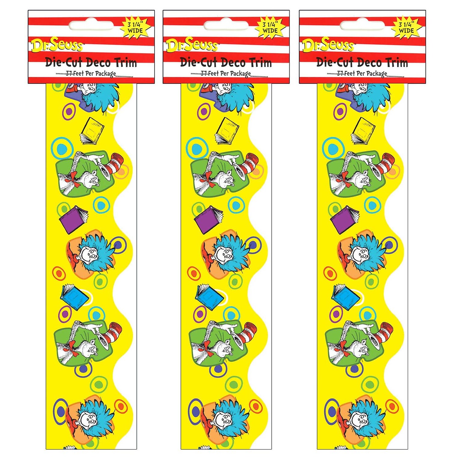 Eureka Dr. Seuss Yellow Extra Wide Die Cut Deco Trim®, 37 Feet Per Pack, 3 Packs (EU-845242-3)