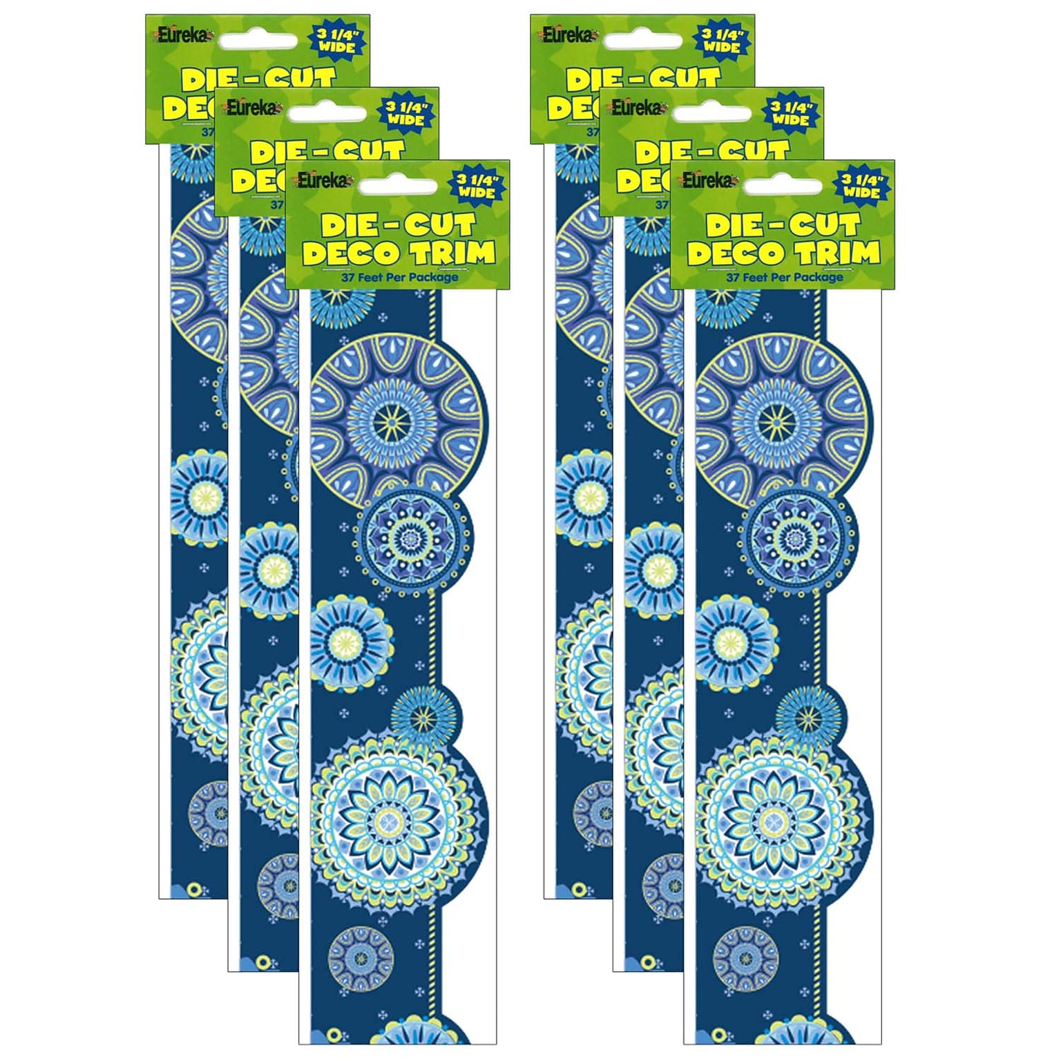 Eureka Blue Harmony Mandala Extra Wide Deco Trim, 37 Feet Per Pack, 6 Packs (EU-845624-6)