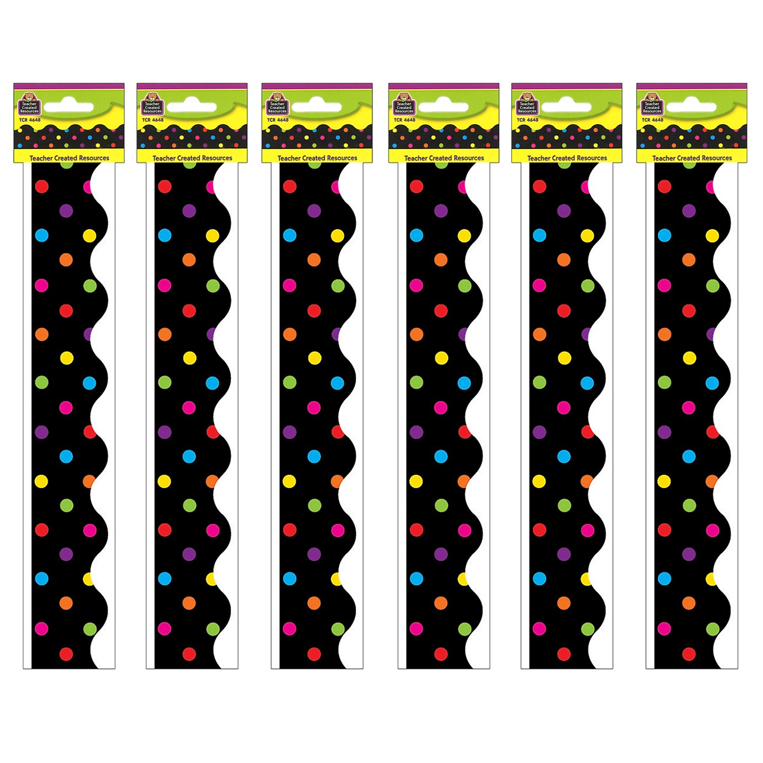 Teacher Created Resources Multicolor Dots on Black Scalloped Border Trim, 35 Feet Per Pack, 6 Packs (TCR4648-6)