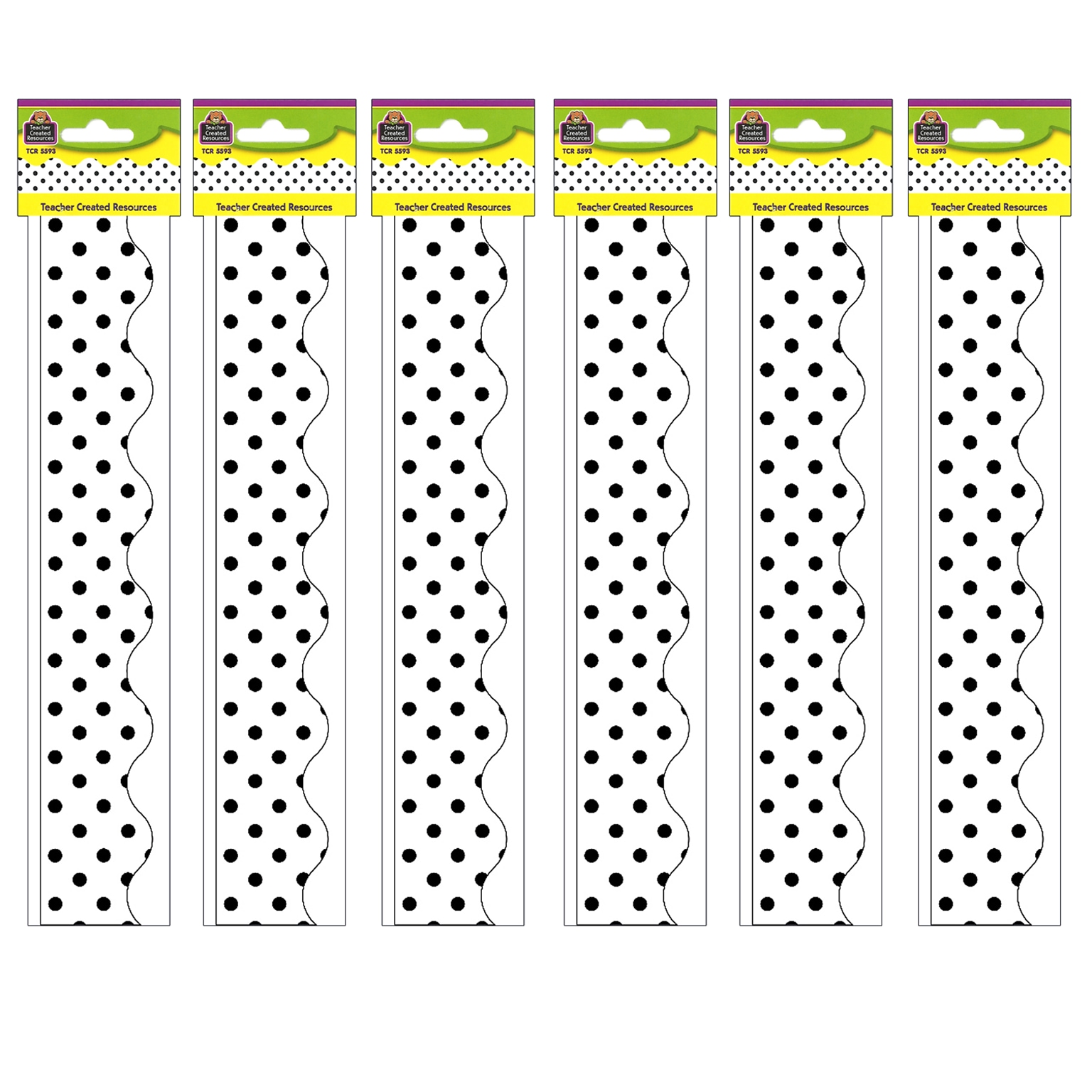 Teacher Created Resources Black Polka Dots on White Scalloped Border Trim, 35 Feet Per Pack, 6 Packs (TCR5593-6)