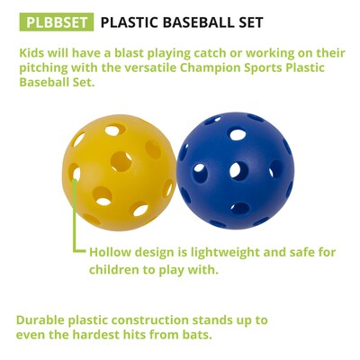 Champion Sports Plastic Baseballs, Assorted, 6 Per Set, 3 Sets (CHSPLBBSET-3)