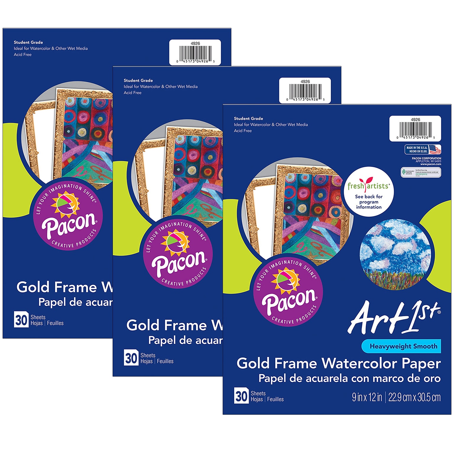 UCreate Watercolor Paper, Gold Frame, Grade K+, 30 Sheets Per Pack, 3 Packs (PAC4926-3)