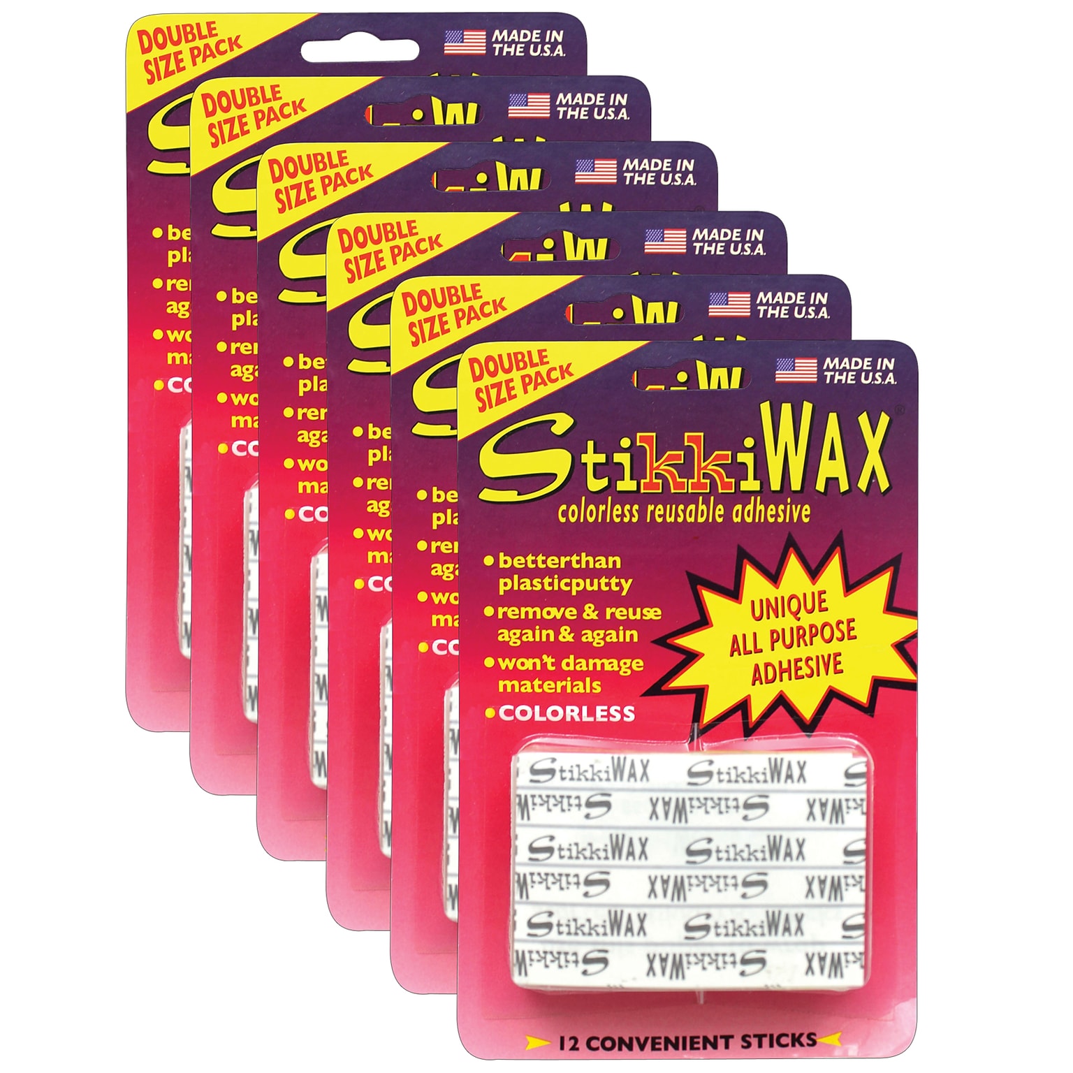 StikkiWorks StikkiWAX™ Adhesive Bars/Sticks, 6.40 x 4.20 x 1.60, Clear, 12 Per Pack, 6 Packs (STK02010-6)