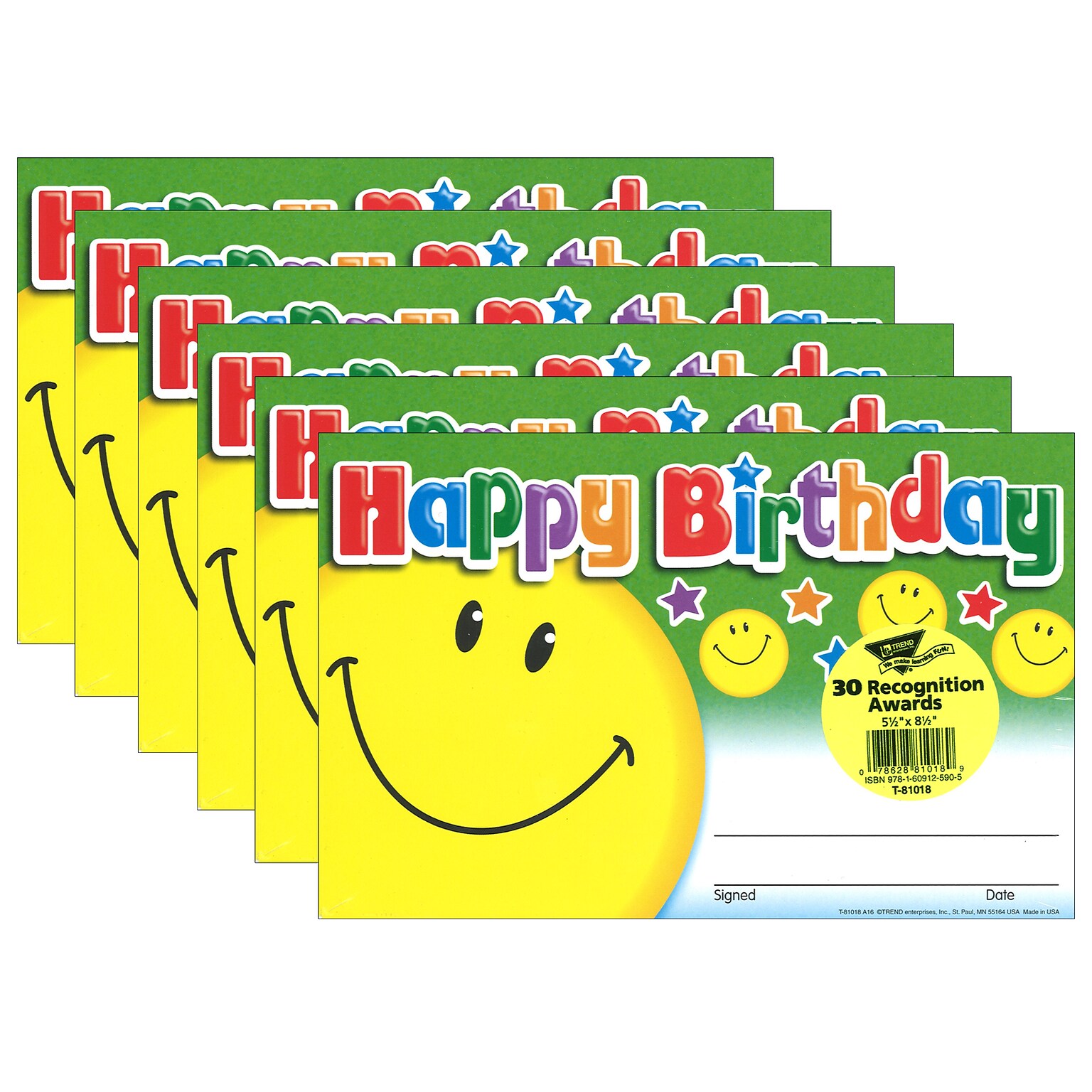 TREND Happy Birthday Smile Recognition Awards, 30 Per Pack, 6 Packs (T-81018-6)