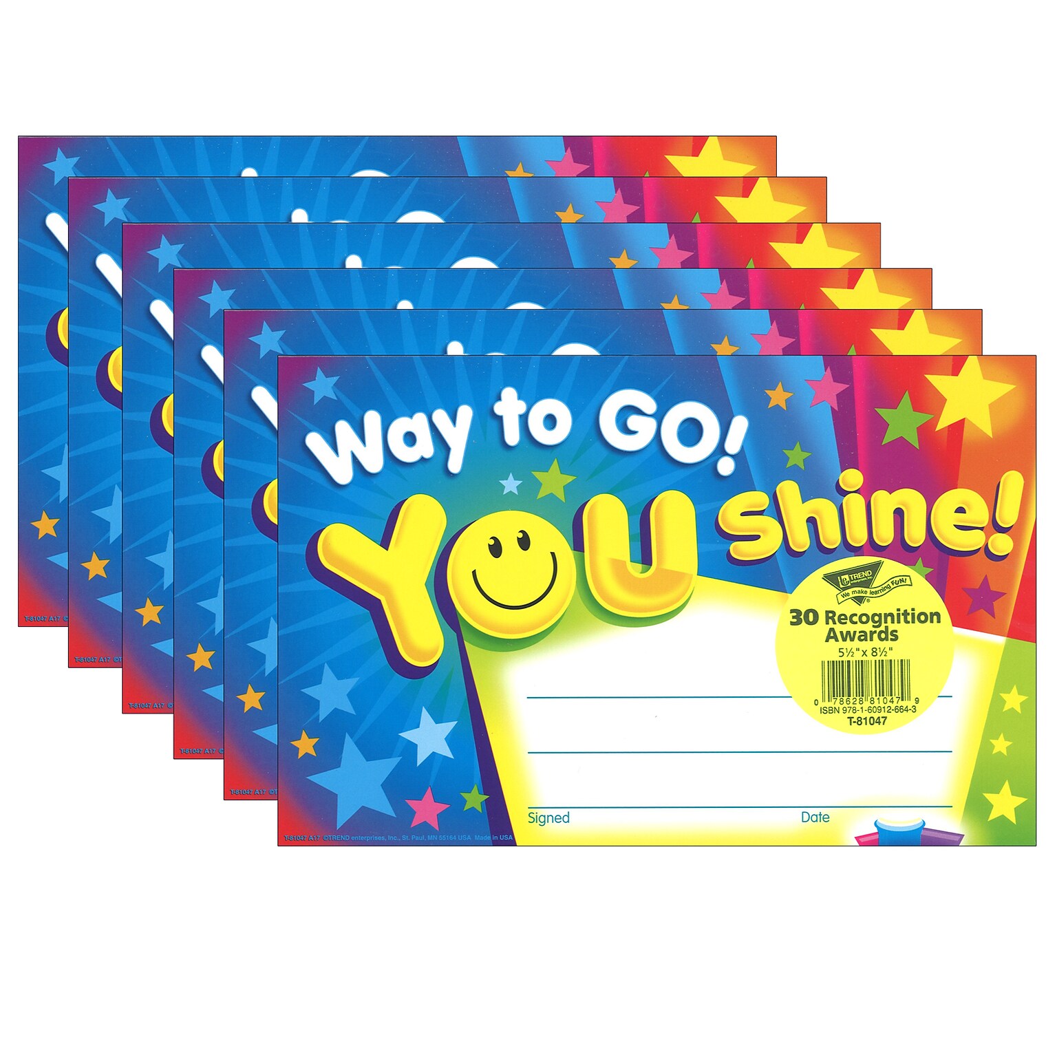 TREND Way to Go! You Shine! Recognition Awards, 30 Per Pack, 6 Packs (T-81047-6)