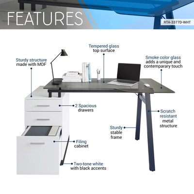 Techni Mobili 59" Glass Computer Desk, Black/White (RTA-3377D-WHT)