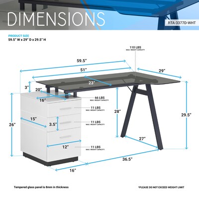 Techni Mobili 59" Glass Computer Desk, Black/White (RTA-3377D-WHT)