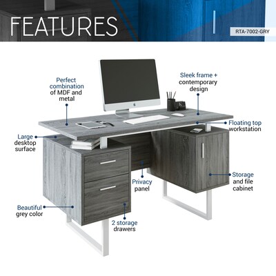 Techni Mobili 51.25"W Modern Office Desk with Storage, Gray (RTA-7002-GRY)