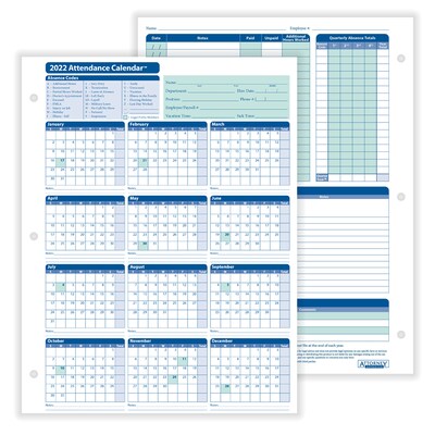Complyright 2022 Attendance Calendar Card, White, Pack Of 25 (A4000W25) | Quill.com