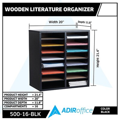 Adiroffice Wood Black Adjustable 16 Compartment Literature Organizer (500-16-BLK)