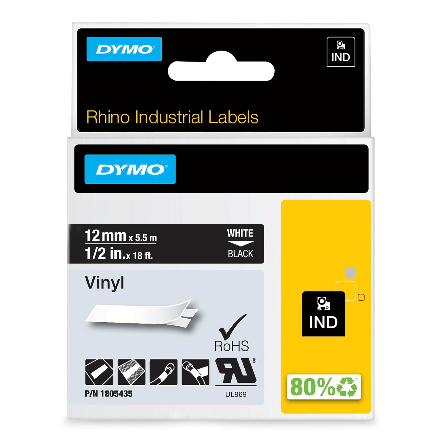 DYMO Rhino Industrial 1805435 Vinyl Label Maker Tape, 1/2 x 18, White on Black (1805435)