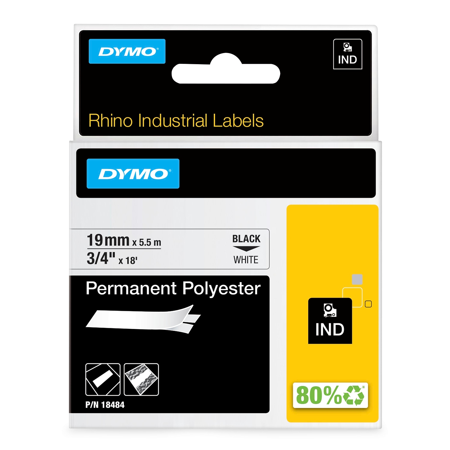 DYMO Rhino Industrial 18484 Permanent Polyester Label Maker Tape, 3/4 x 18, Black on White (18484)