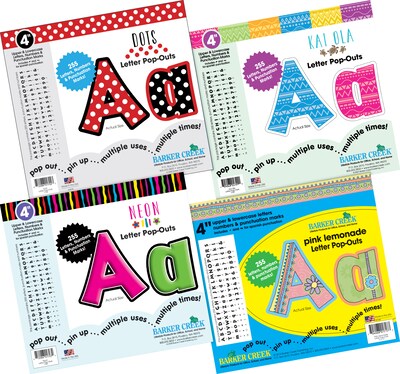 Barker Creek 4 Letter Pop Outs Curated Collection, Assorted Colors, 255 Characters/Pk, 4 Pk/Set (BCP3529)