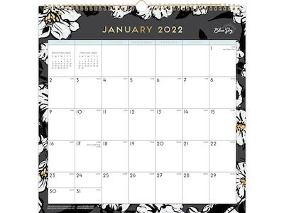 2022 Blue Sky Baccara Dark 12 x 12 Monthly Wall Calendar, White/Black/Yellow (136570)