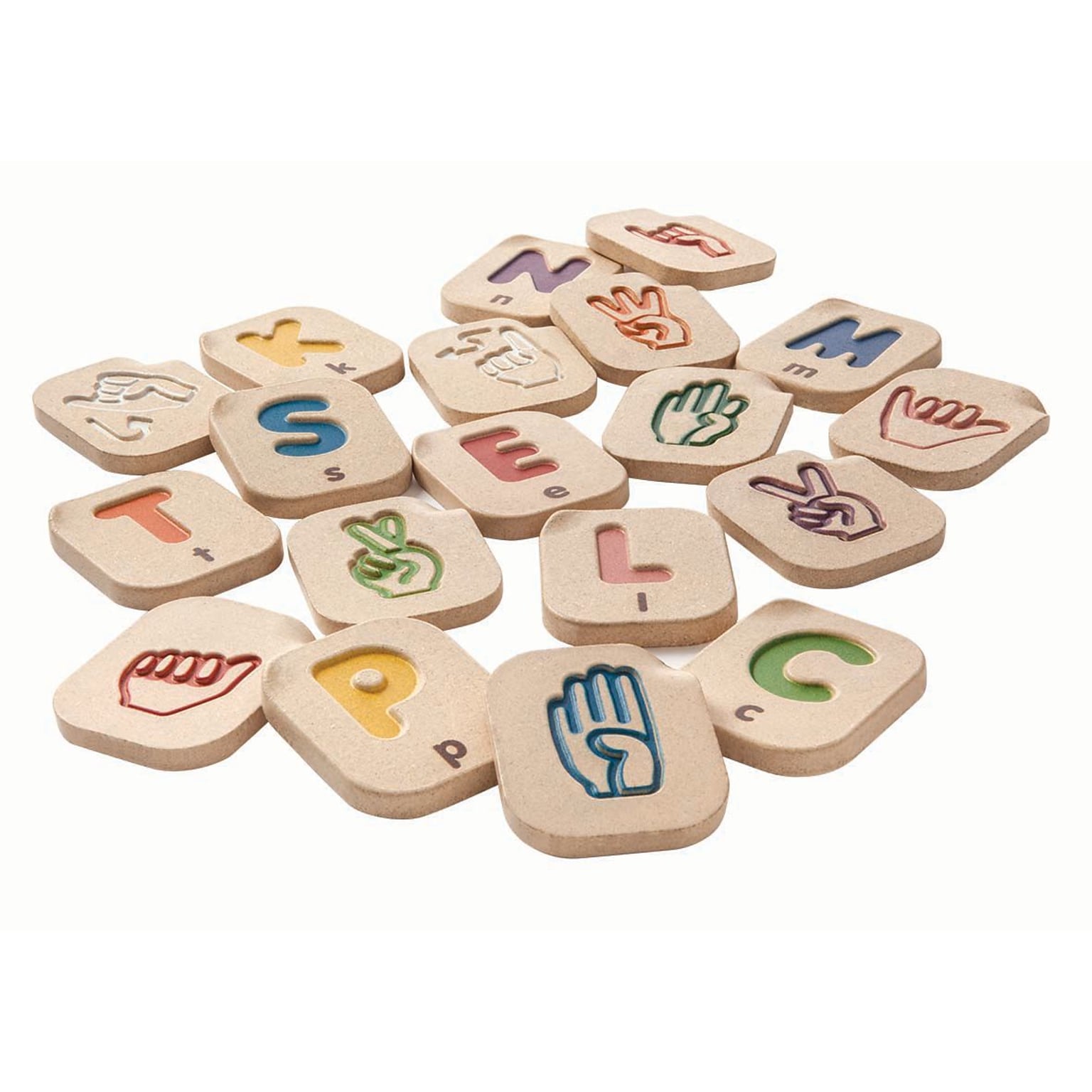 PlanToys Wooden Hand Sign Alphabet A-Z Tiles, Assorted Colors, 26/Pack (PTS5672)