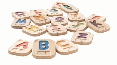 PlanToys Wooden Braille Alphabet A-Z Tiles, Assorted Colors, 26/Pack (PTS5671)