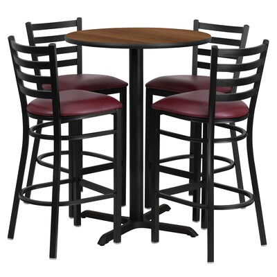 Flash Furniture Round Walnut Laminate Table Set with 4 Ladder Back Metal Bar Stool, 30Dia., Burgundy (HDBF1028)