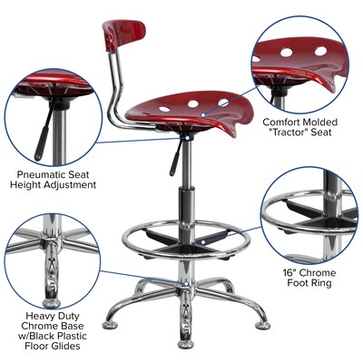 Belnick Vibrant Chrome Drafting Stool with Tractor Seat, Wine Red