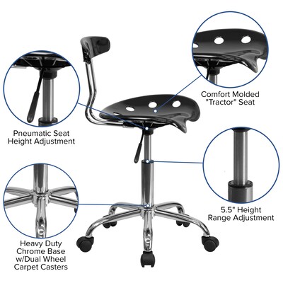 Flash Furniture Elliott Armless Plastic and Chrome Task Office Chair with Tractor Seat, Black and Chrome (LF214BLACK)