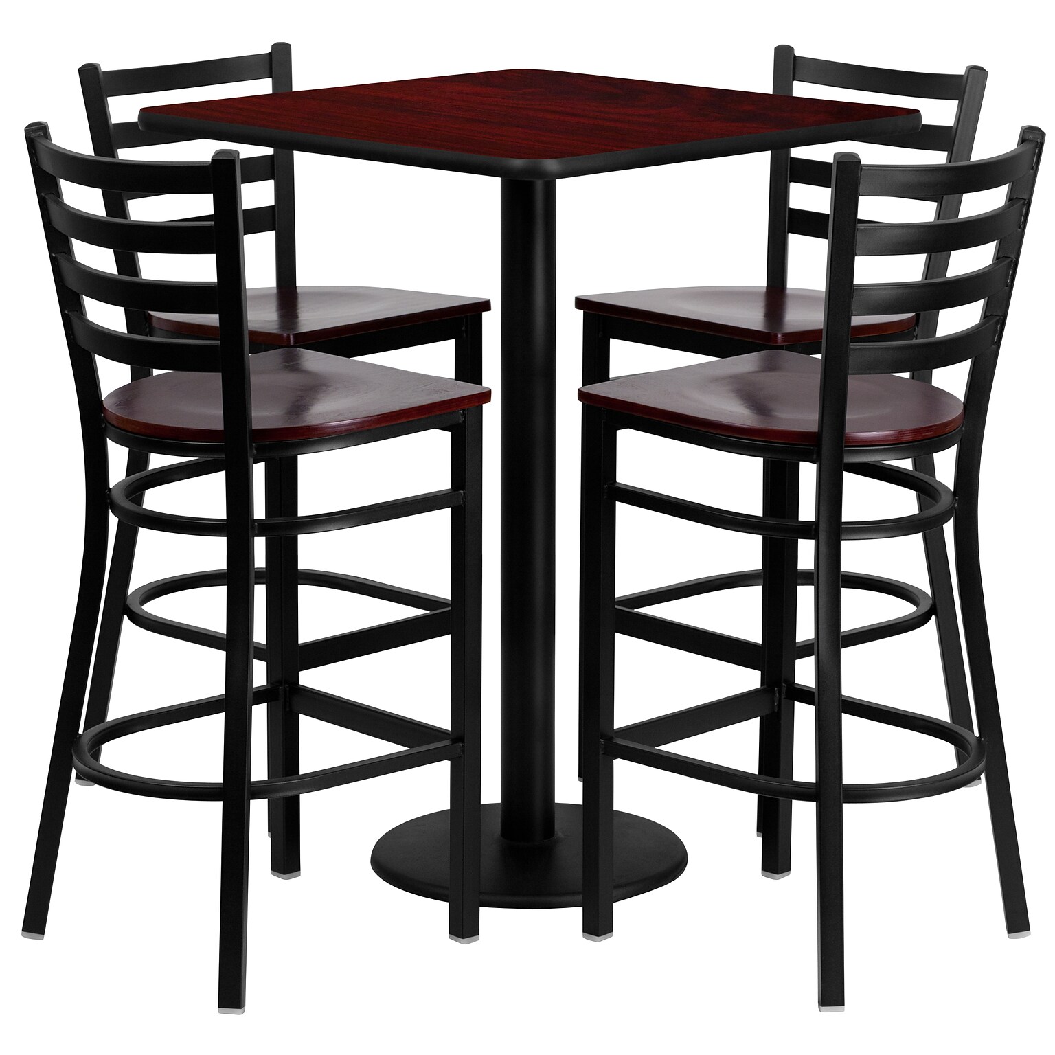 Flash Furniture Square Laminate Table Set with 4 Ladder Back Metal Bar Stool, 30 x 30, Mahogany Wood Seat (MD0014)