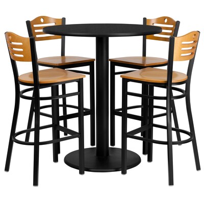Flash Furniture Round Laminate Table Set w/ 4 Wood Slat Back Metal Bar Stools, 36 Dia., Natural Wood (MD0020)