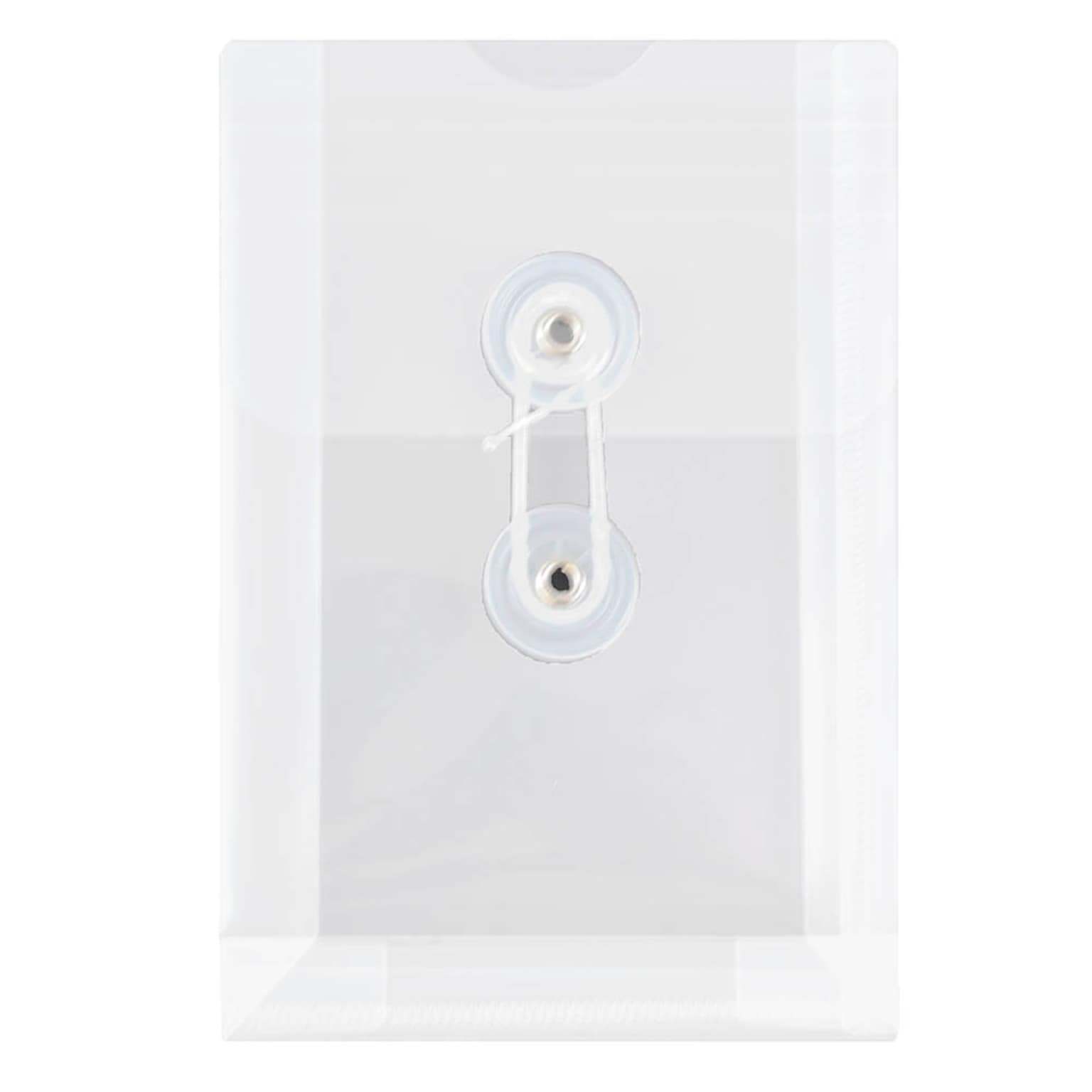 JAM Paper® Plastic Envelopes with Button and String Tie Closure, Open End, 4.25 x 6.25, Clear, 12/Pack (473B1CL)