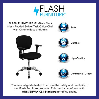 Flash Furniture Beverly Ergonomic Mesh Swivel Mid-Back Padded Task Office Chair, Black (H2376FBKARMS)