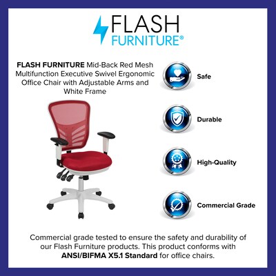 Flash Furniture Nicholas Ergonomic Mesh Swivel Mid-Back Multifunction Executive Office Chair, Red/White Frame (HL0001WHRED)