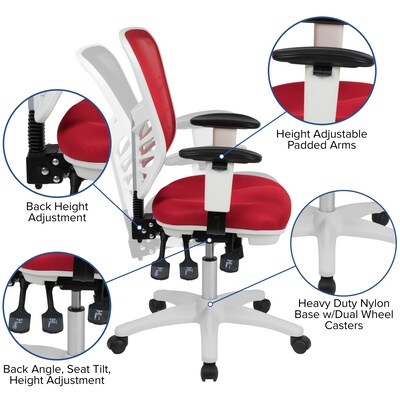 Flash Furniture Nicholas Ergonomic Mesh Swivel Mid-Back Multifunction Executive Office Chair, Red/White Frame (HL0001WHRED)