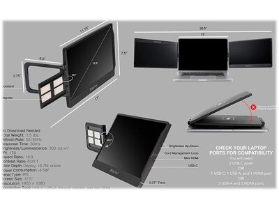 SideTrak Swivel Triple 12.5" LED Portable Monitor, Black, 2/Set (STTL12BL-TRI)