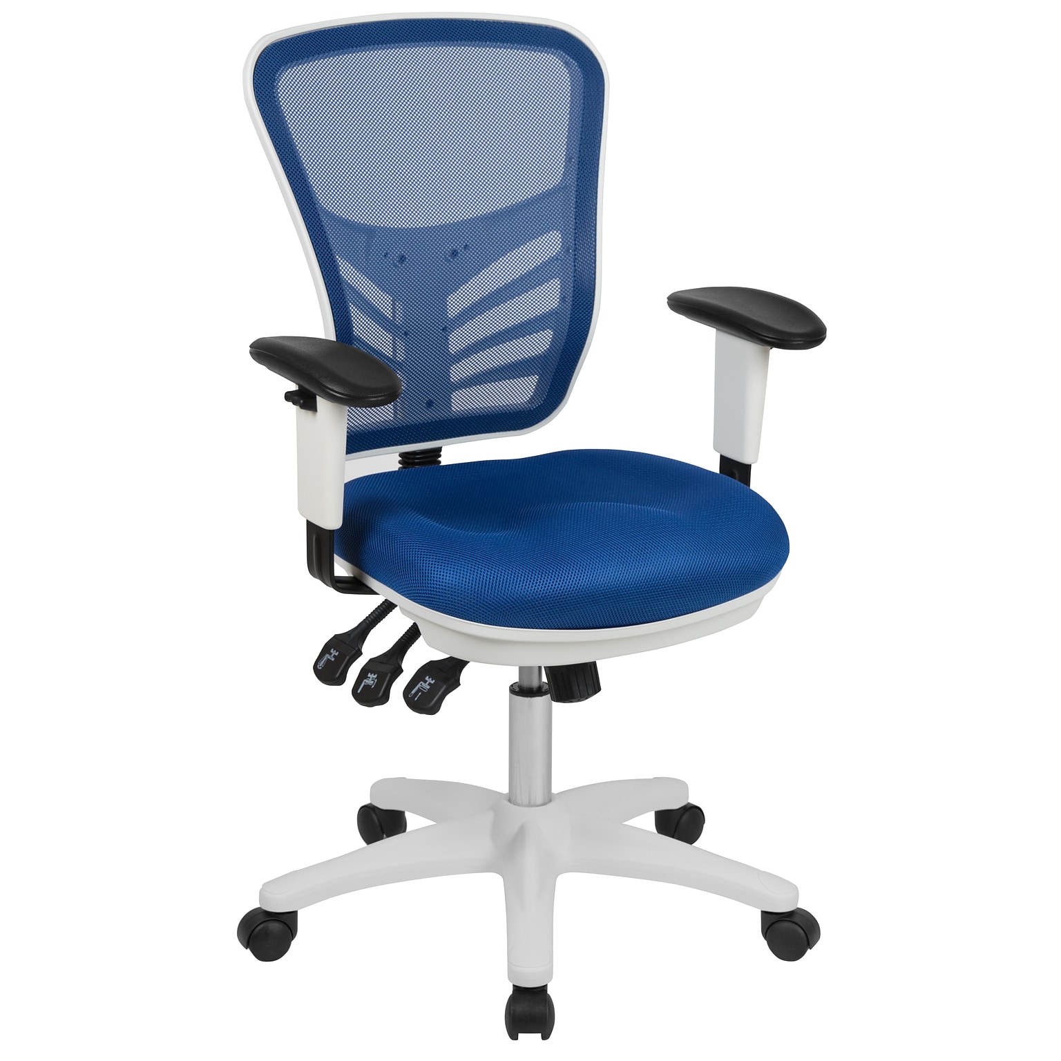 Flash Furniture Nicholas Ergonomic Mesh Swivel Mid-Back Multifunction Executive Office Chair, Blue/White Frame (HL0001WHBLUE)