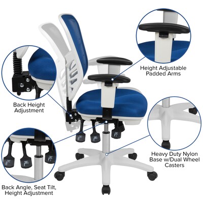 Flash Furniture Nicholas Ergonomic Mesh Swivel Mid-Back Multifunction Executive Office Chair, Blue/White Frame (HL0001WHBLUE)