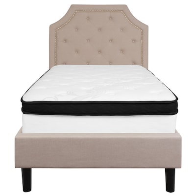 Flash Furniture Brighton Tufted Upholstered Platform Bed in Beige Fabric with Memory Foam Mattress, Twin (SLBMF1)