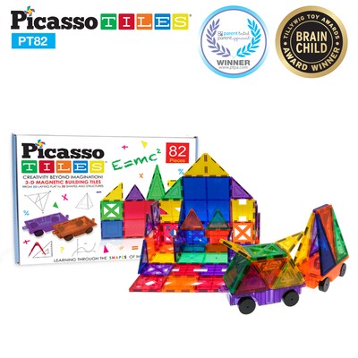 PicassoTiles, 82 pc Set Magnetic Blocks Plus 2 Cars (PT82)