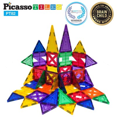 PicassoTiles, 82 pc Set Magnetic Blocks Plus 2 Cars (PT82)