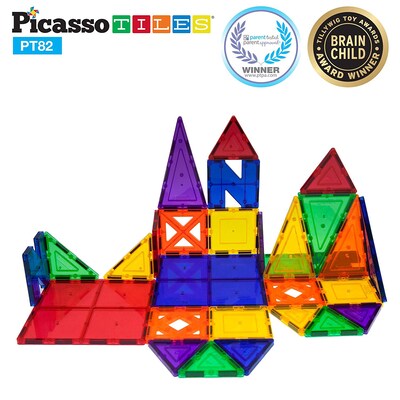 PicassoTiles, 82 pc Set Magnetic Blocks Plus 2 Cars (PT82)