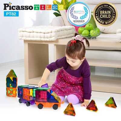 PicassoTiles, 82 pc Set Magnetic Blocks Plus 2 Cars (PT82)