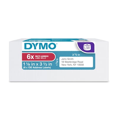 DYMO LabelWriter 2050818 Mailing Address Labels, 3-1/2 x 1-1/8, Black on White, 130 Labels/Roll, 6