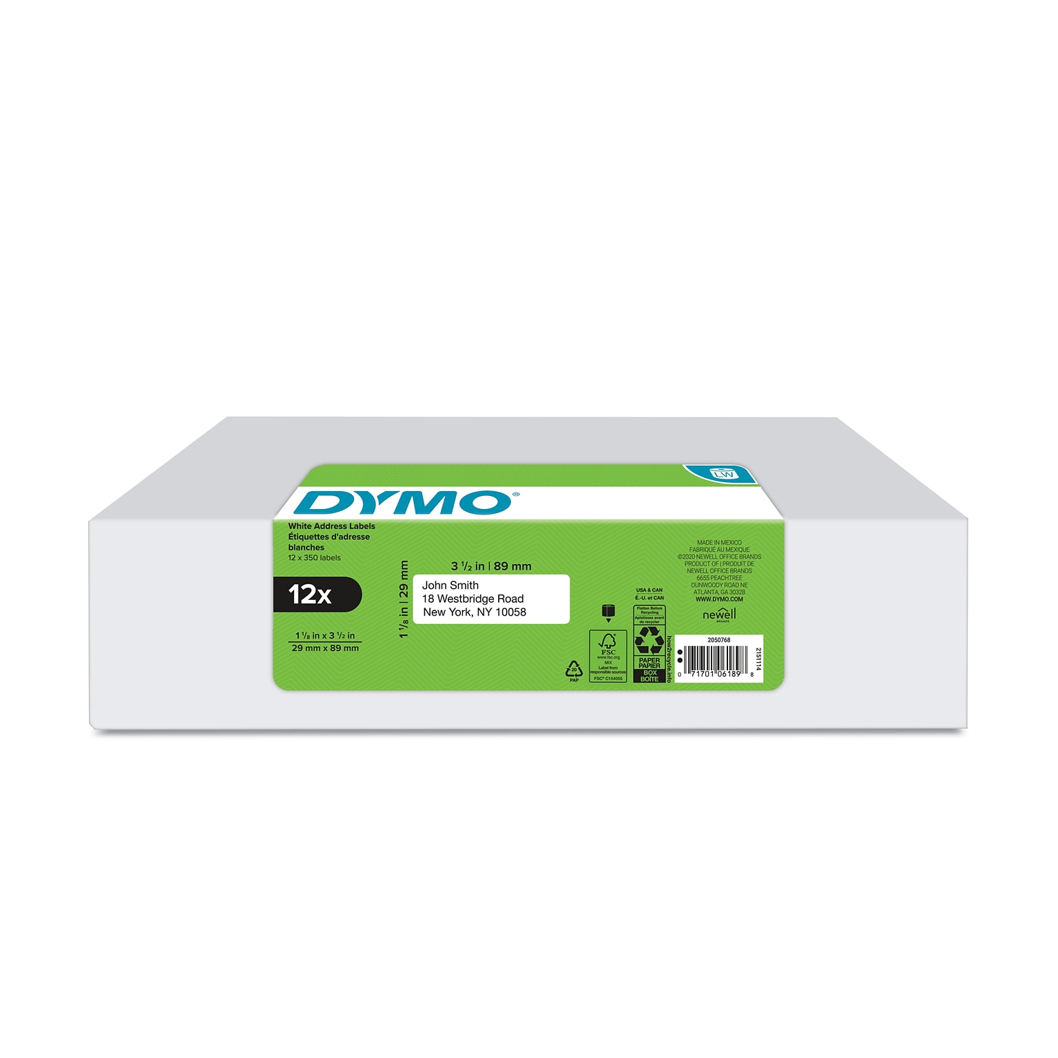 DYMO LabelWriter 2050768 Mailing Address Labels, 3-1/2 x 1-1/8, Black on White, 350 Labels/Roll, 12 Rolls/Box (2050768)