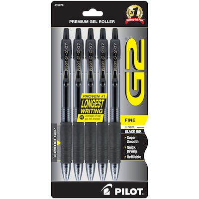 Pilot G2 Retractable Gel Pens, Fine Point, Black Ink, 5/Pack (31078)