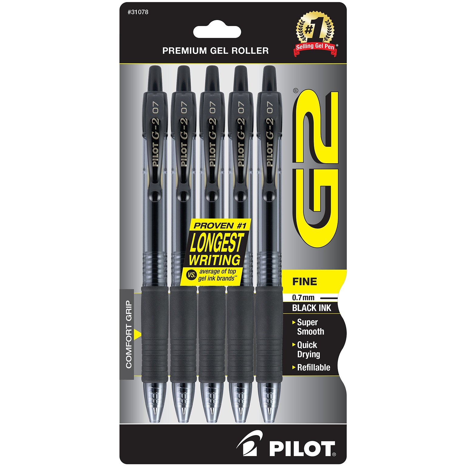 Pilot G2 Retractable Gel Pens, Fine Point, Black Ink, 5/Pack (31078)