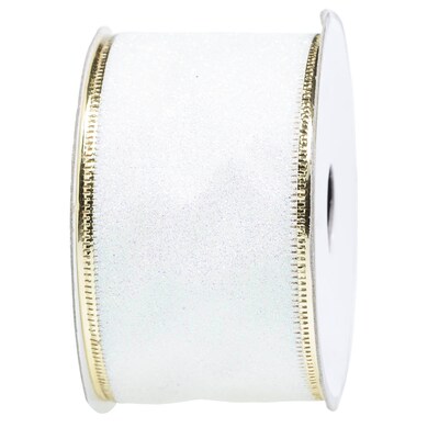 JAM Paper Wire Edged Ribbon, White Glitter Holiday Design (210427874)