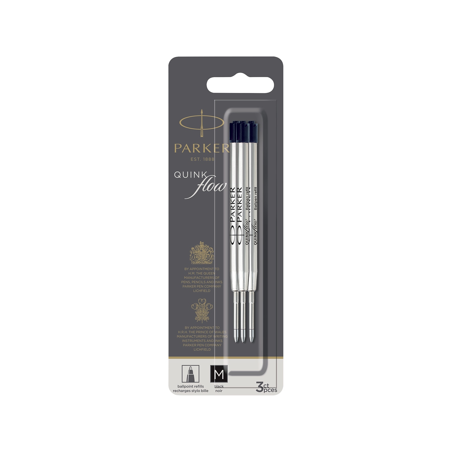 Parker Quinkflow Ballpoint Pen Refill, 0.7 mm, Medium Point, Black Ink, 3/Pack (2119151)